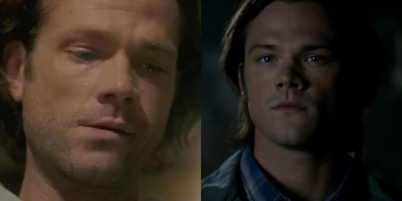 Split images of Sam Winchester crying and Sam looking ahead in Supernatural