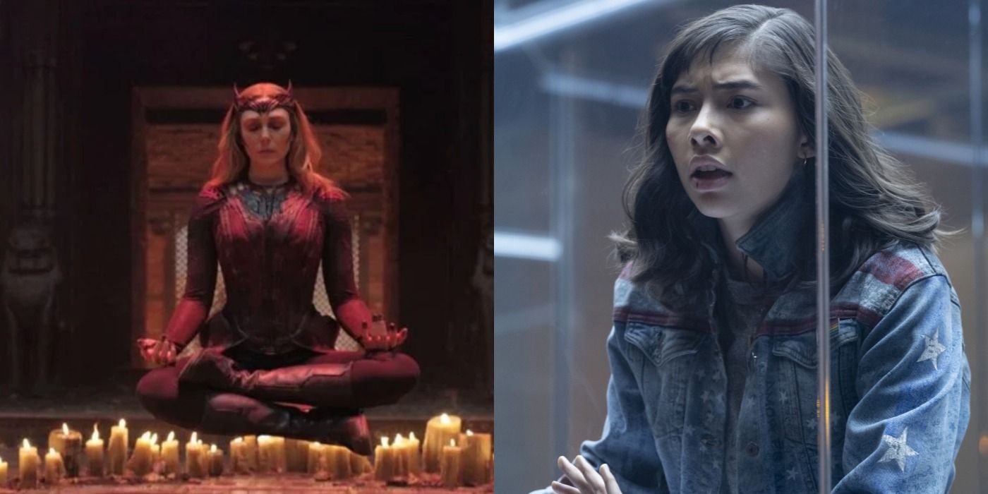 Split images of Scarlet Witch meditating and America Chavez in a cage in Doctor Strange 2