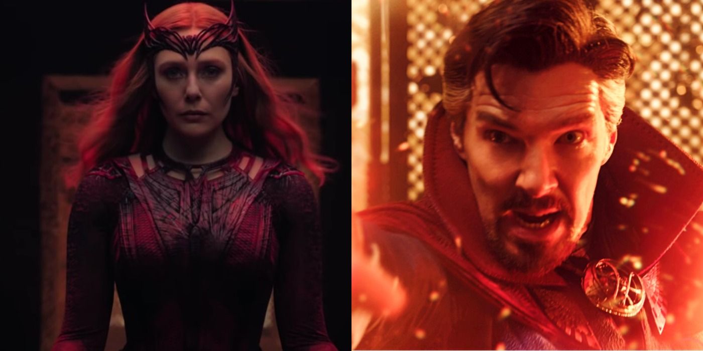 Split images of Scarlet Witch meditating and Doctor Strange doing a spell