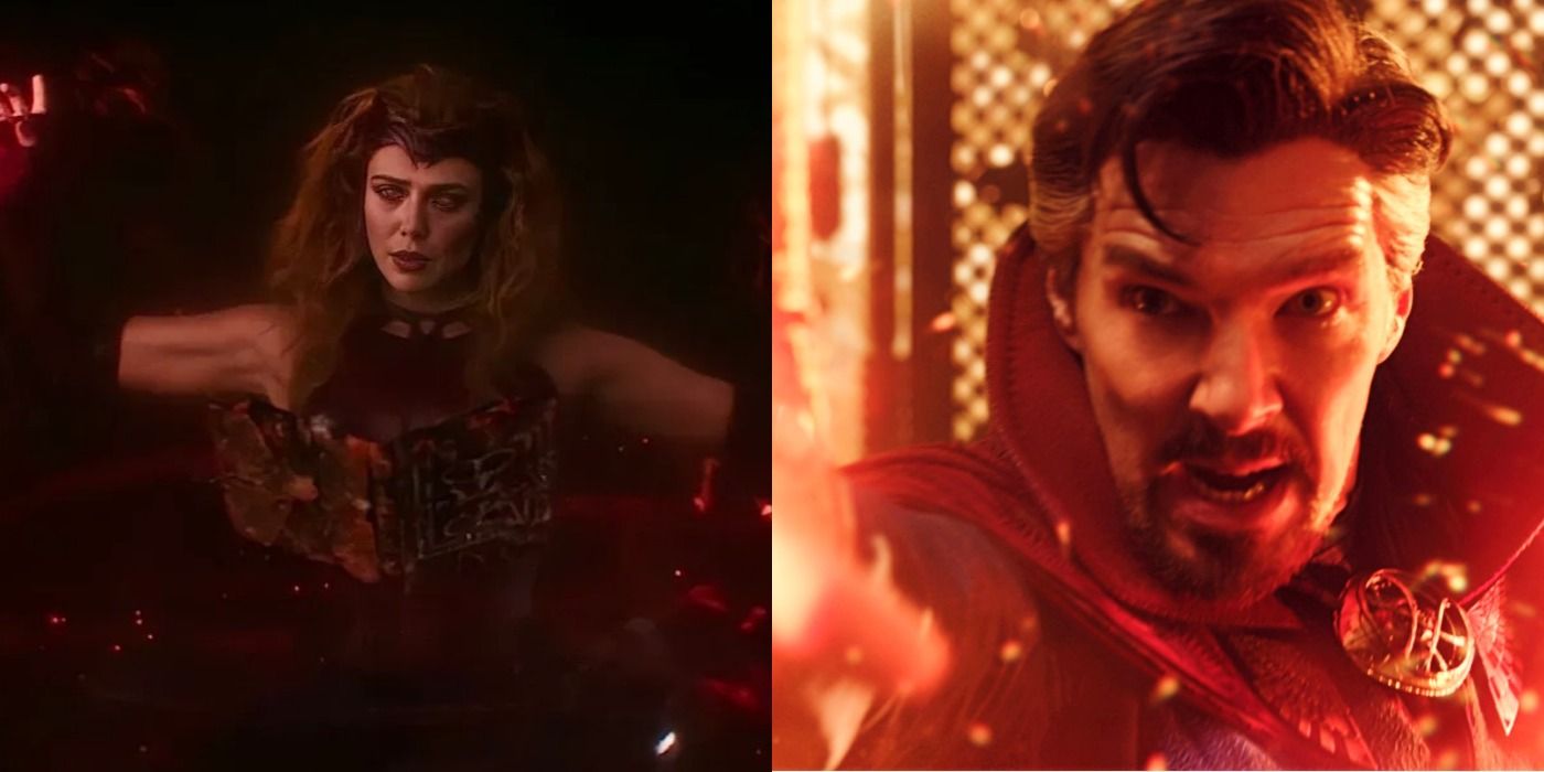 Split images of Scarlet Witch reading the Darkhold and Doctor Strange doing magic