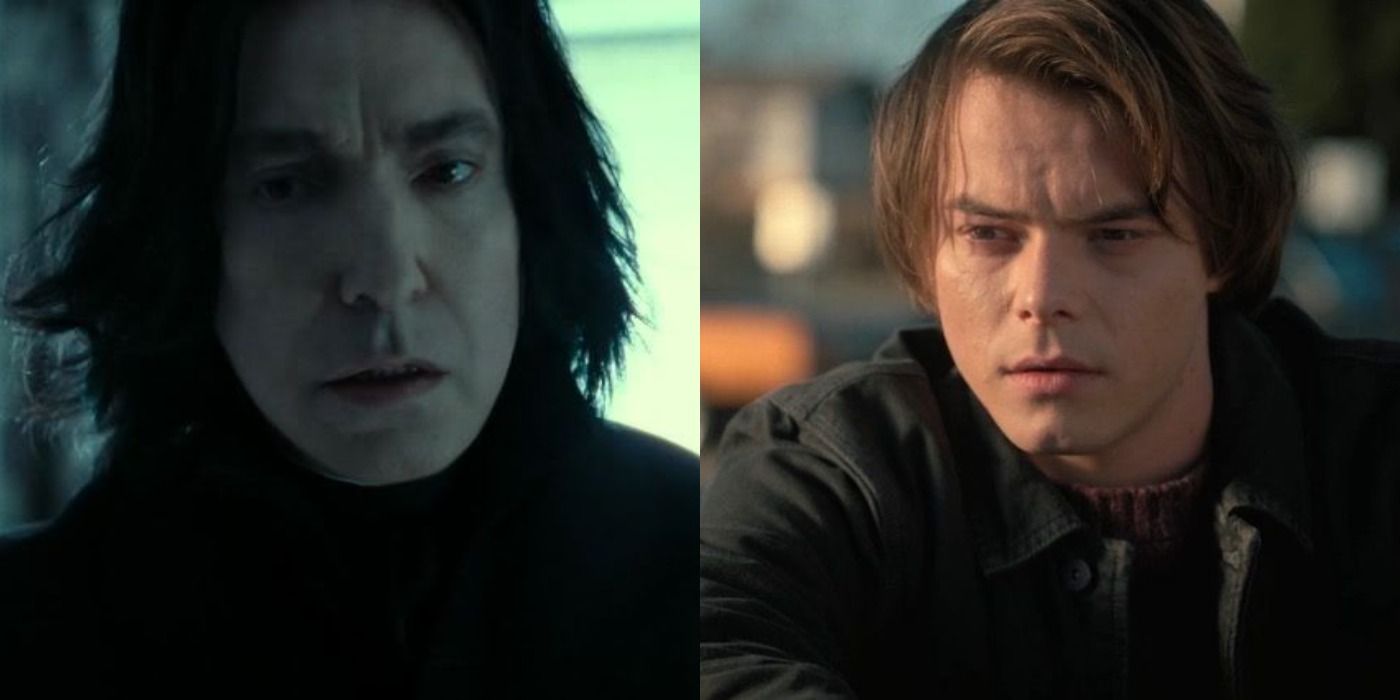 Split images of Severus Snape in Harry Potter and Jonathan Byers in Stranger Things