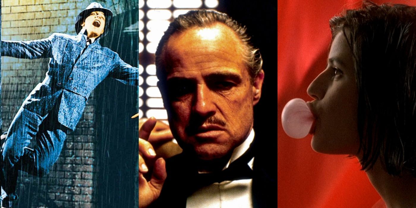 Split images of Singin' in the Rain, The Godfather, and Three Colors Red
