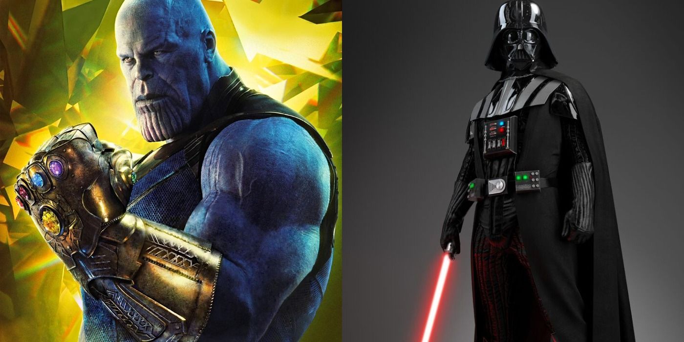 Split images of Thanos with Infinity Gauntlet in Avengers Infinity War and Darth Vader with lightsaber in Star Wars
