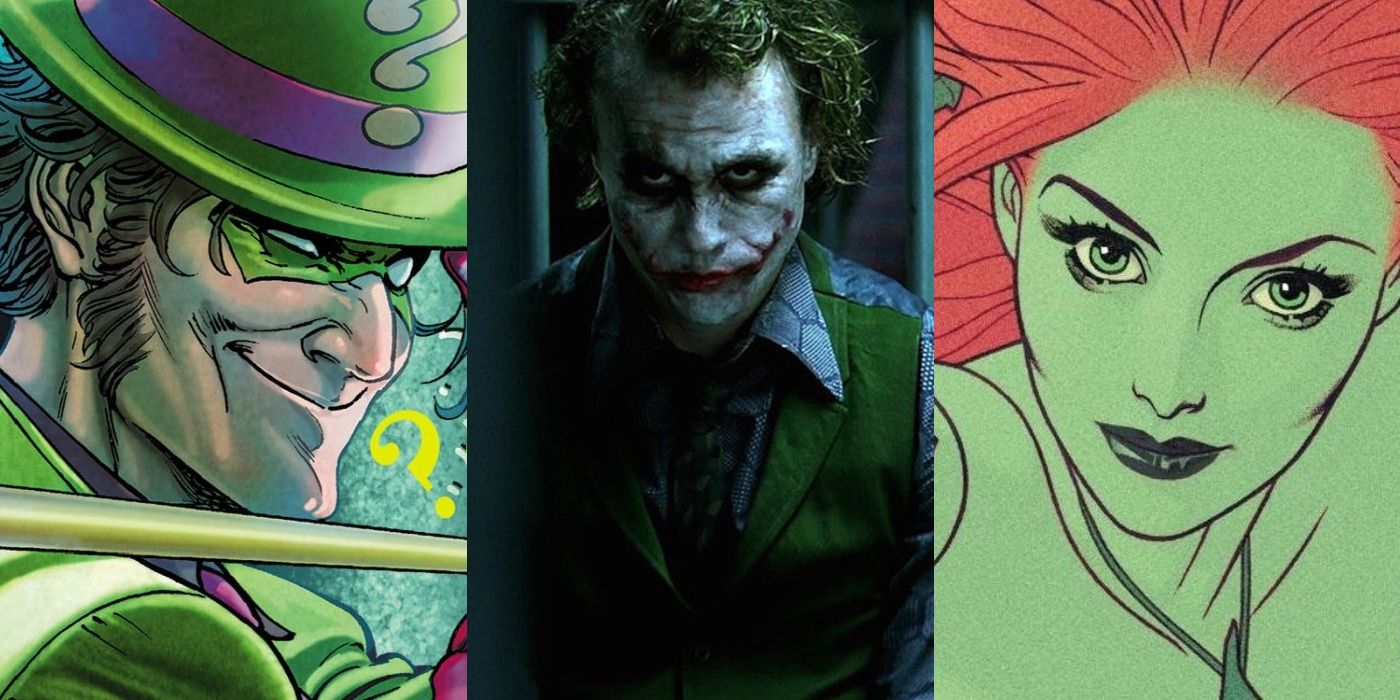 Split images of The Riddler, The Joker, and Poison Ivy in the Batman Universe