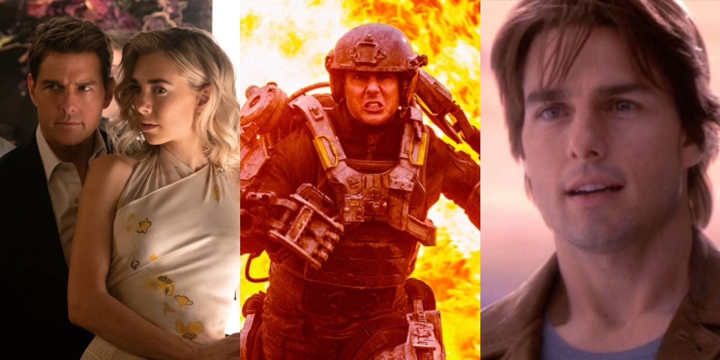 Split images of Tom Cruise in Mission Impossible Fallout, Edge of Tomorrow, and Vanilla Sky