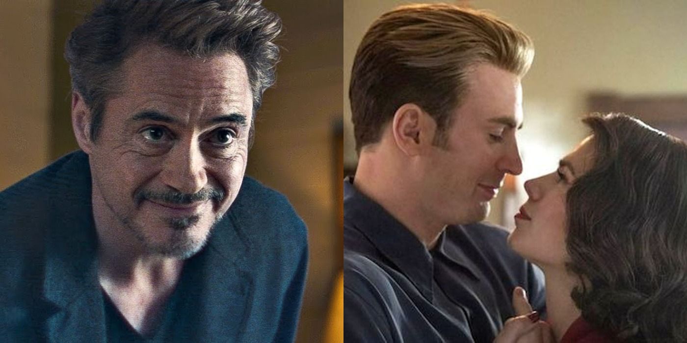 Split images of Tony Stark smiling and Steve and Peggy dancing in Avengers Endgame