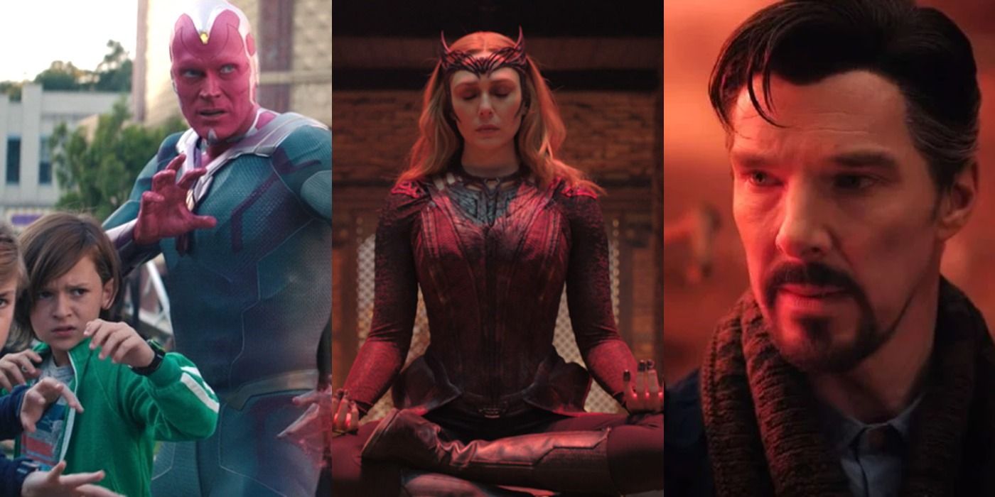Split images of Vision and Tommy in WandaVision, Scarlet Witch and Doctor Strange in Doctor Strange 2
