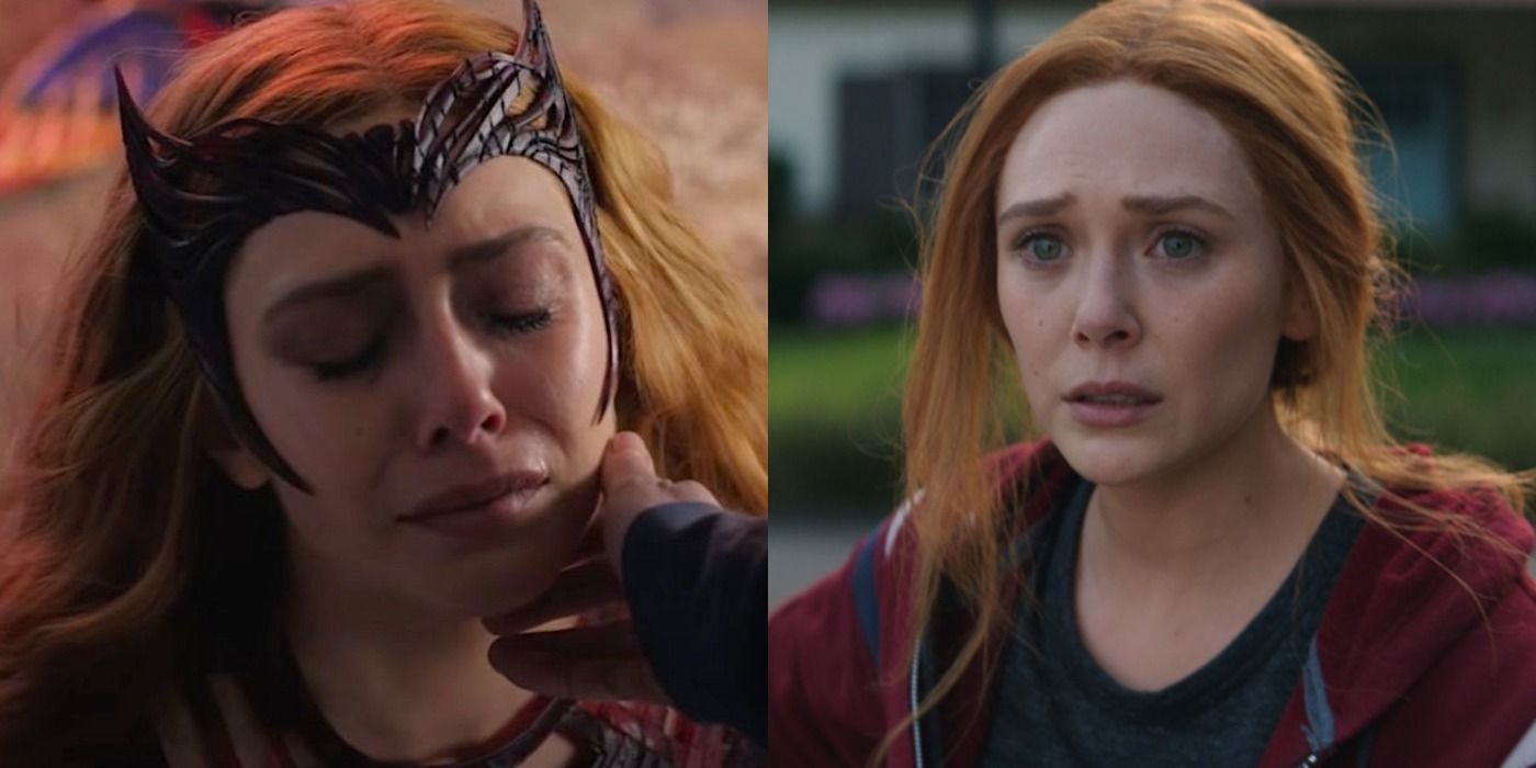Split imags of Scarlet Witch crying in Doctor Strange 2 and Scarlet Witch looking sad in WandaVision