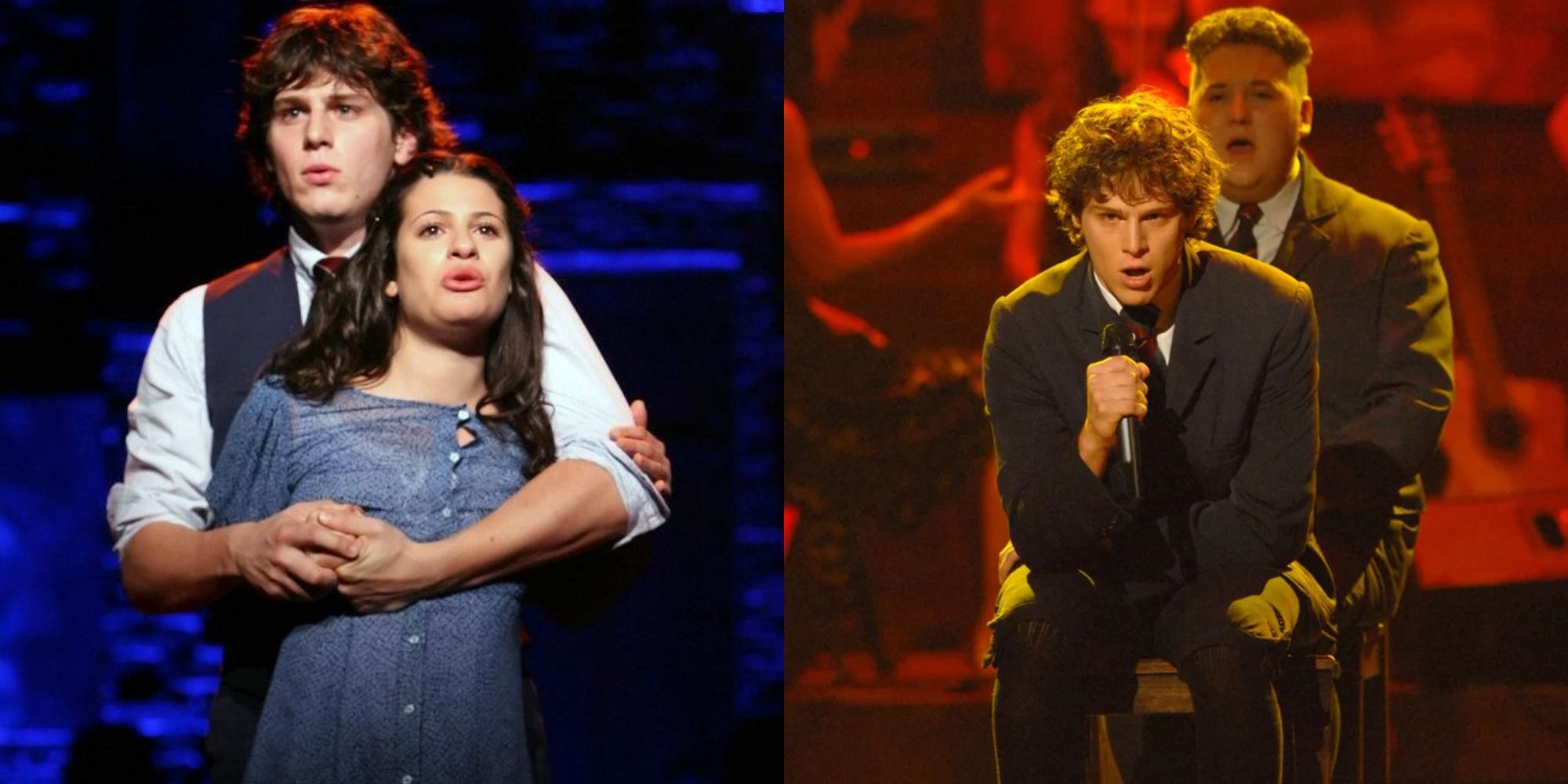 Split image showing Melchior and Wendla and Melchior with the boys in Spring Awakening.