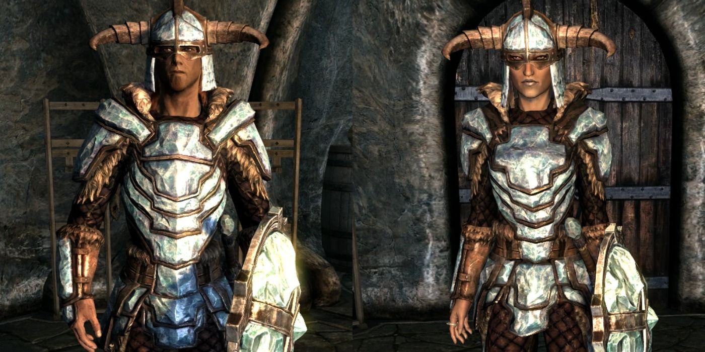 Split image of the male and female variations of Skyrim's Stalhrim Armor.