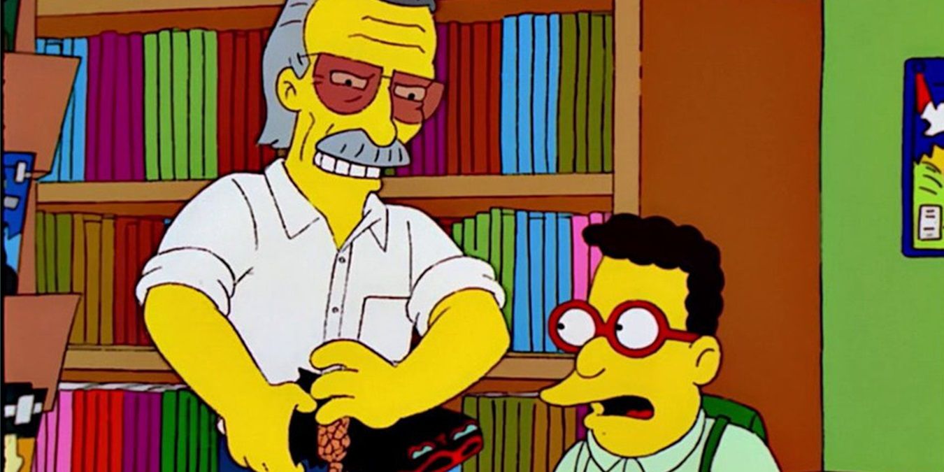 Stan Lee crams a Thing action figure into a Batmobile in The Simpsons