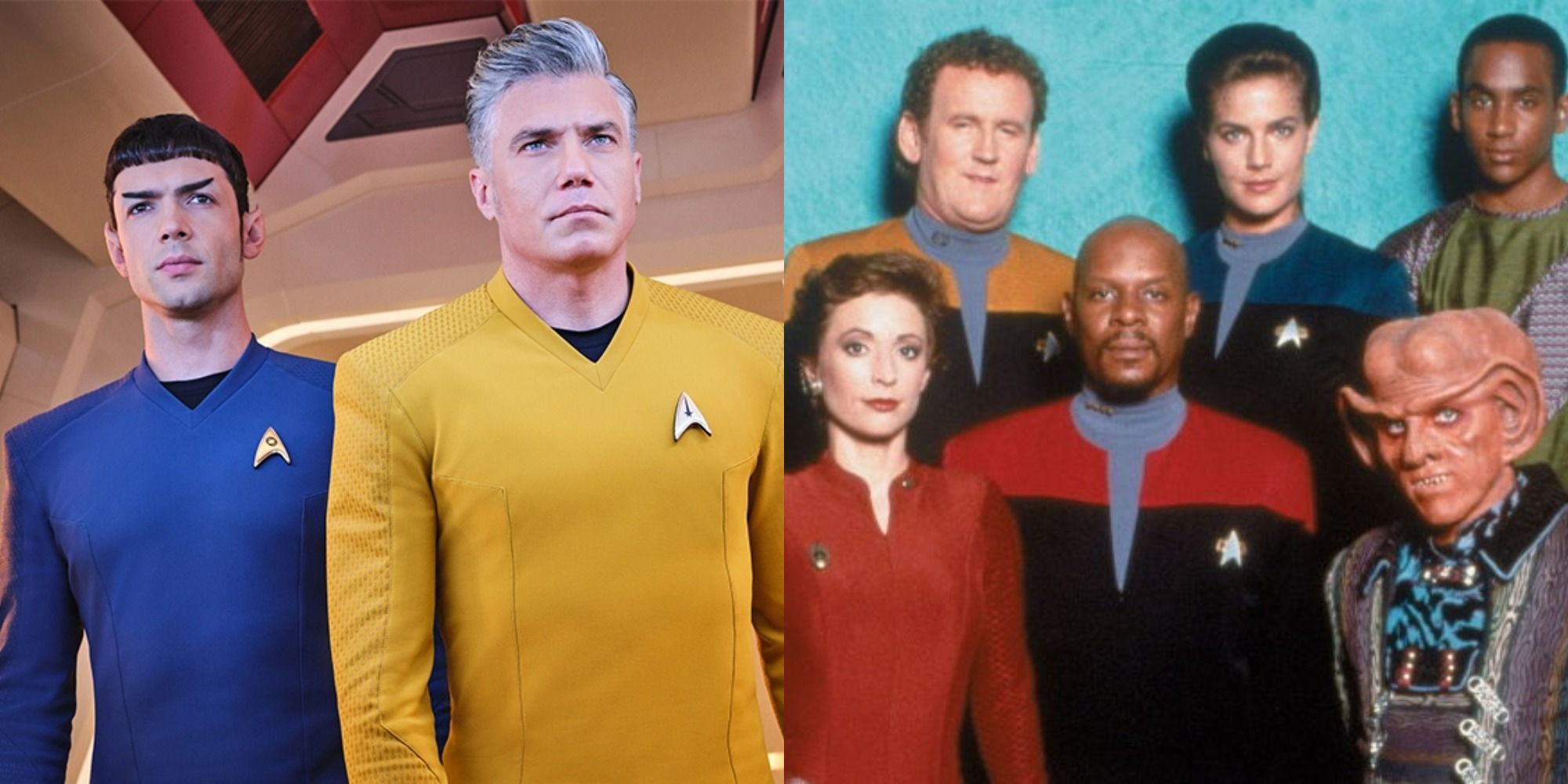 Split image showing characters from Star Trek Strange New Worlds and Stark Trek: Deep Space Nine.