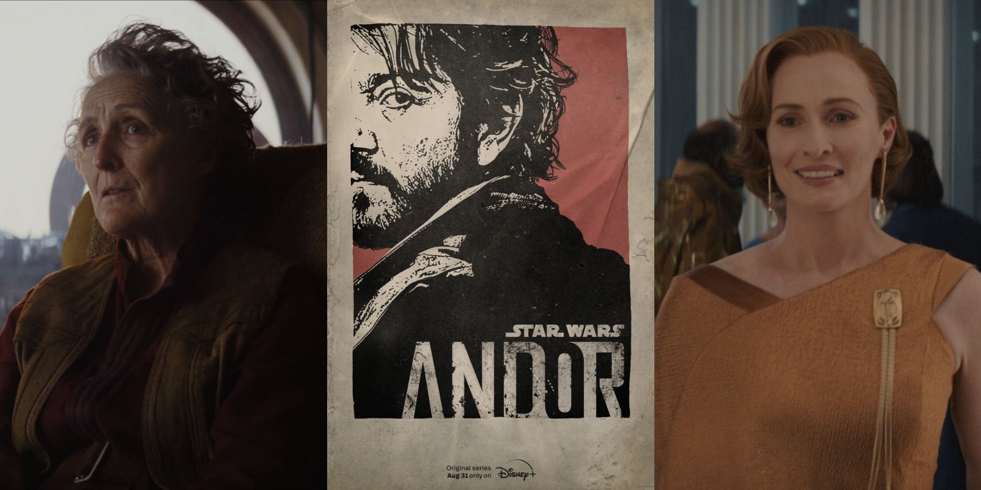 Split image of Fiona Shaw from Andor, Andor poster, and Mon Mothma from Andor series.