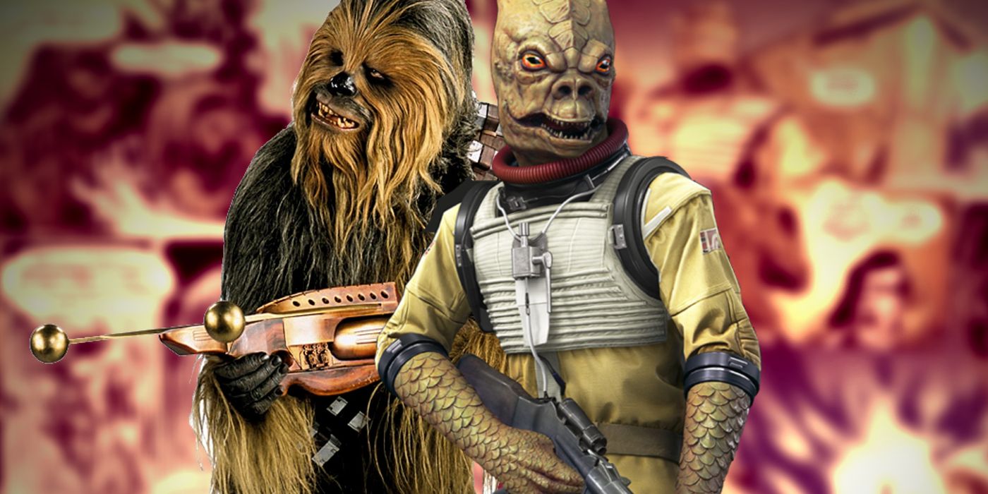 Star Wars' Chewbacca facing off against Bossk.