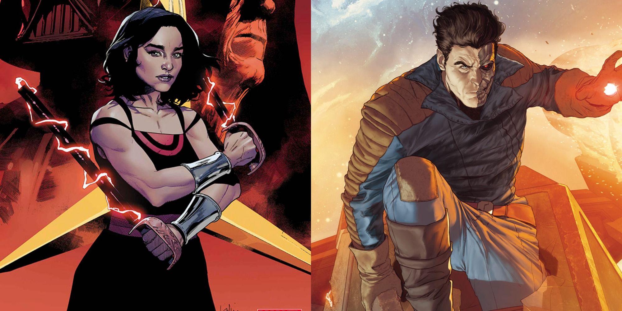 Split image showing Qi'ra and Beilert Valance in the Star Wars comics.