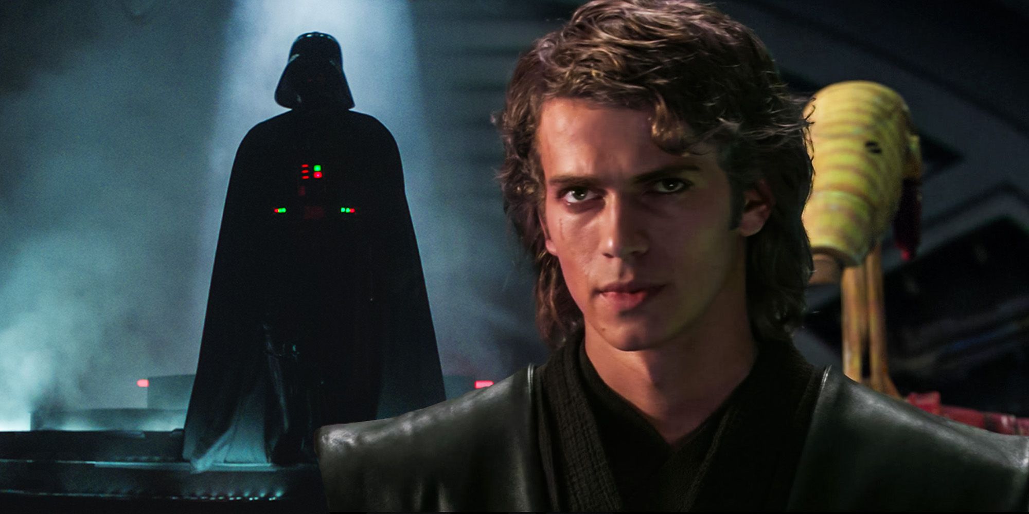 A custom image of Darth Vader standing in a single spotlight surrounded by shadow and Anakin Skywalker looking curious
