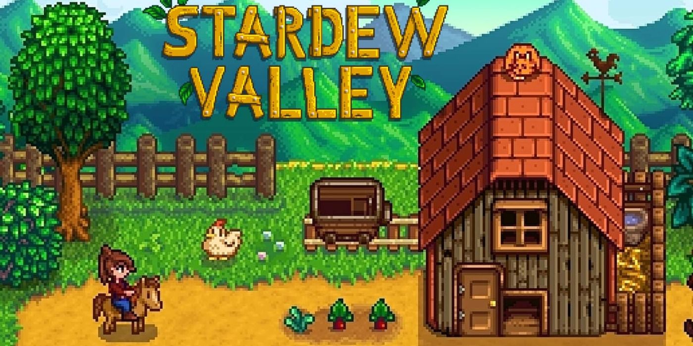 A character riding their horse on a farm in Stardew Valley.