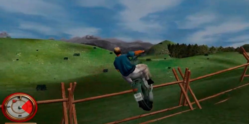 Steve McQueen s Captain Virgil Hilts The Cooler King motorcycle jumps over the fence in the 2003 video game The Great Escape