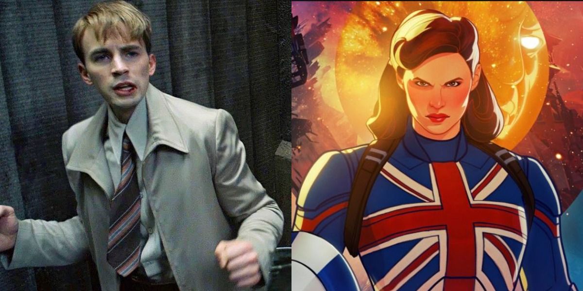 Split image: Steve Rogers before serum fighting in an alley and Captain Carter in What If?