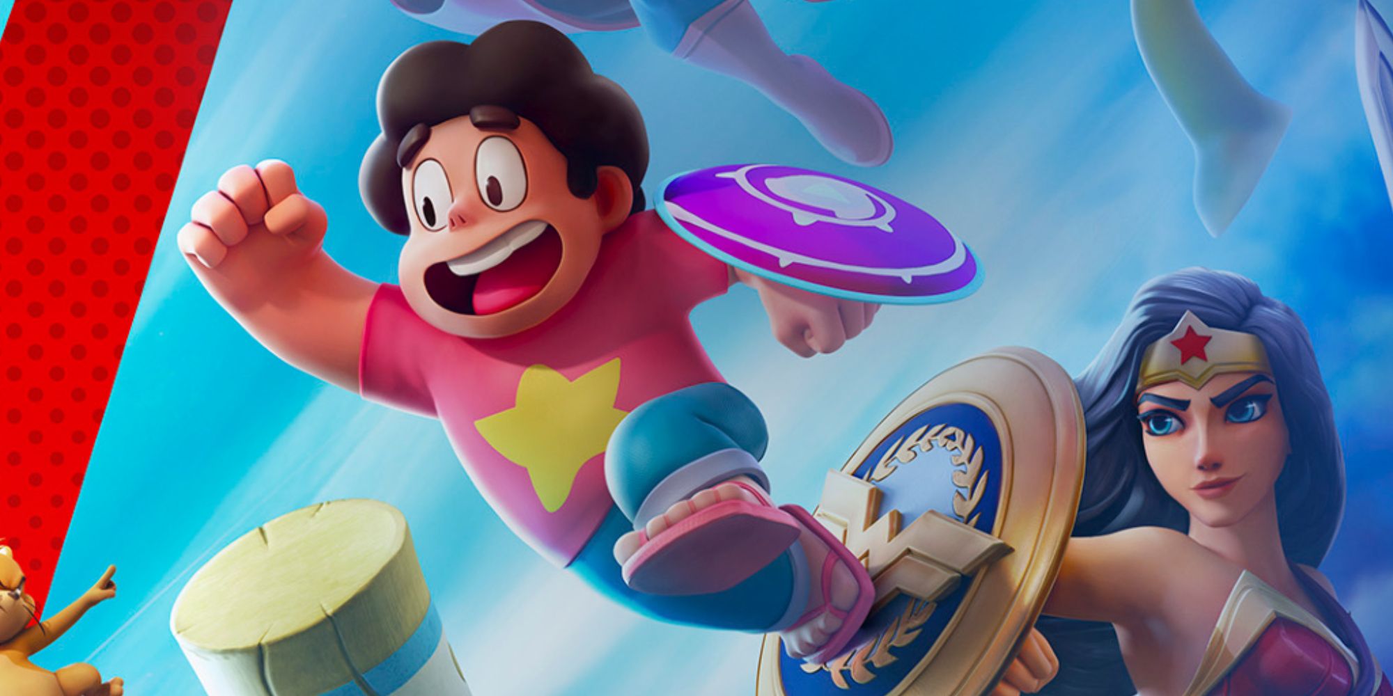 Steven Universe leaping off Wonder Woman's shield in the official banner for MultiVersus