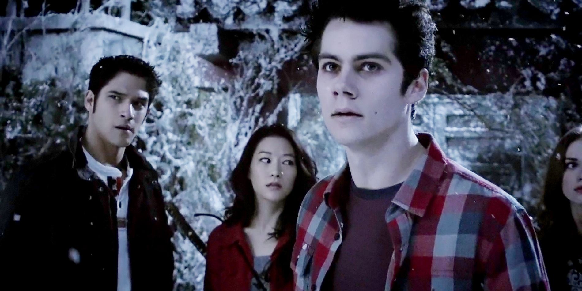 Stiles, Scott and Kira fighting the Nogitsune in the snowy landscape illusion with Stiles in the front looking serious.