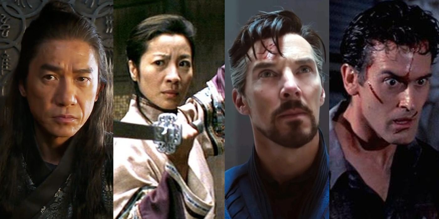 Stills from Shang-Chi, Crouching Tiger, Hidden Dragon, Doctor Strange 2, and Evil Dead 2