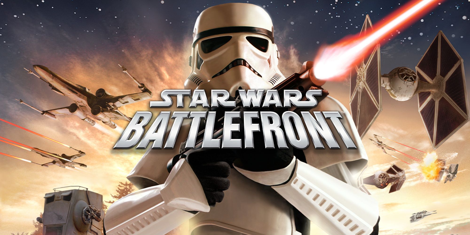 Stormtrooper marching while firing a blaster in promo banner for Star Wars Battlefront 2004