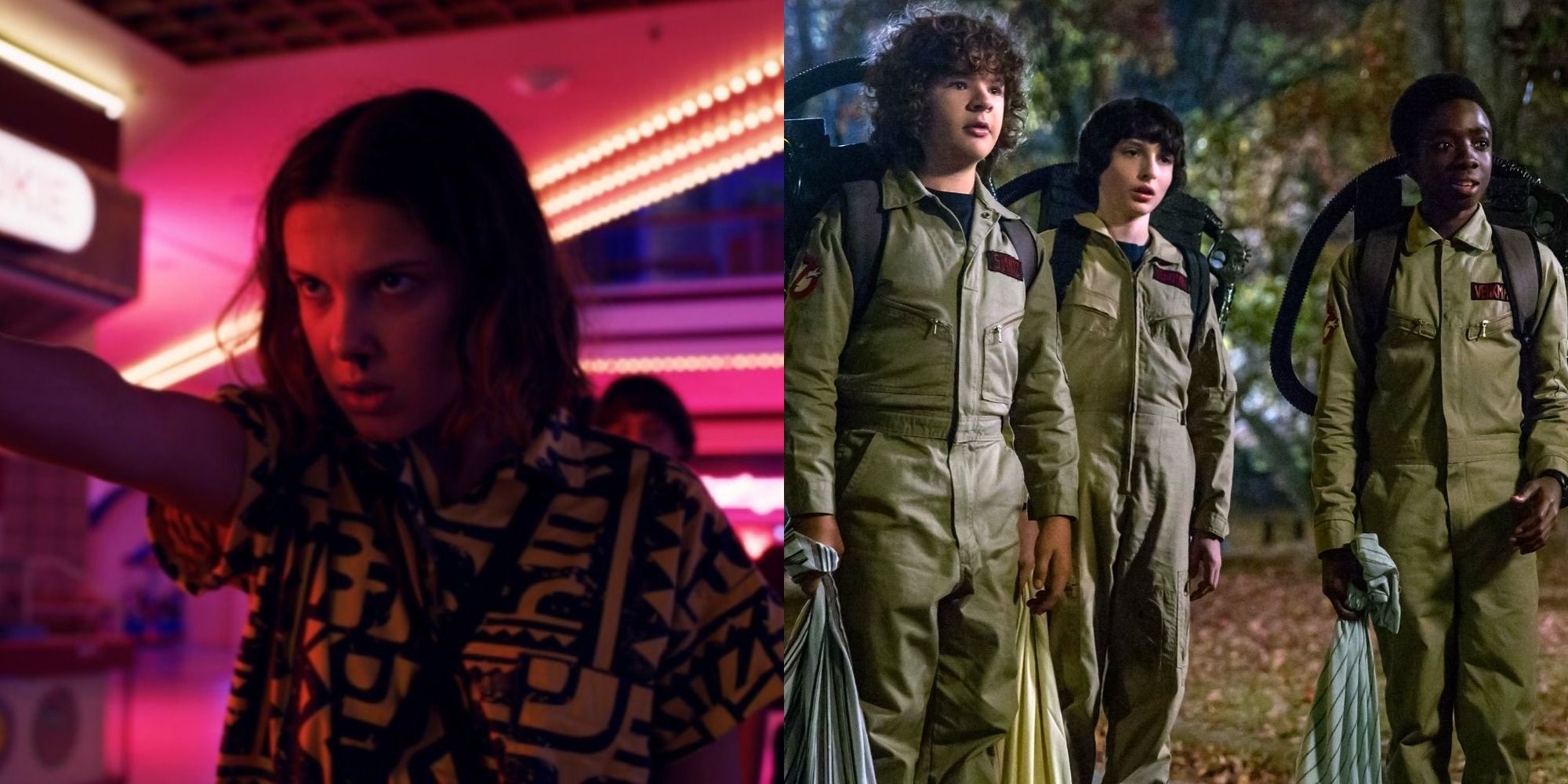 Split image of Eleven using her powers and the boys dressed as Ghostbusters in Stranger Things