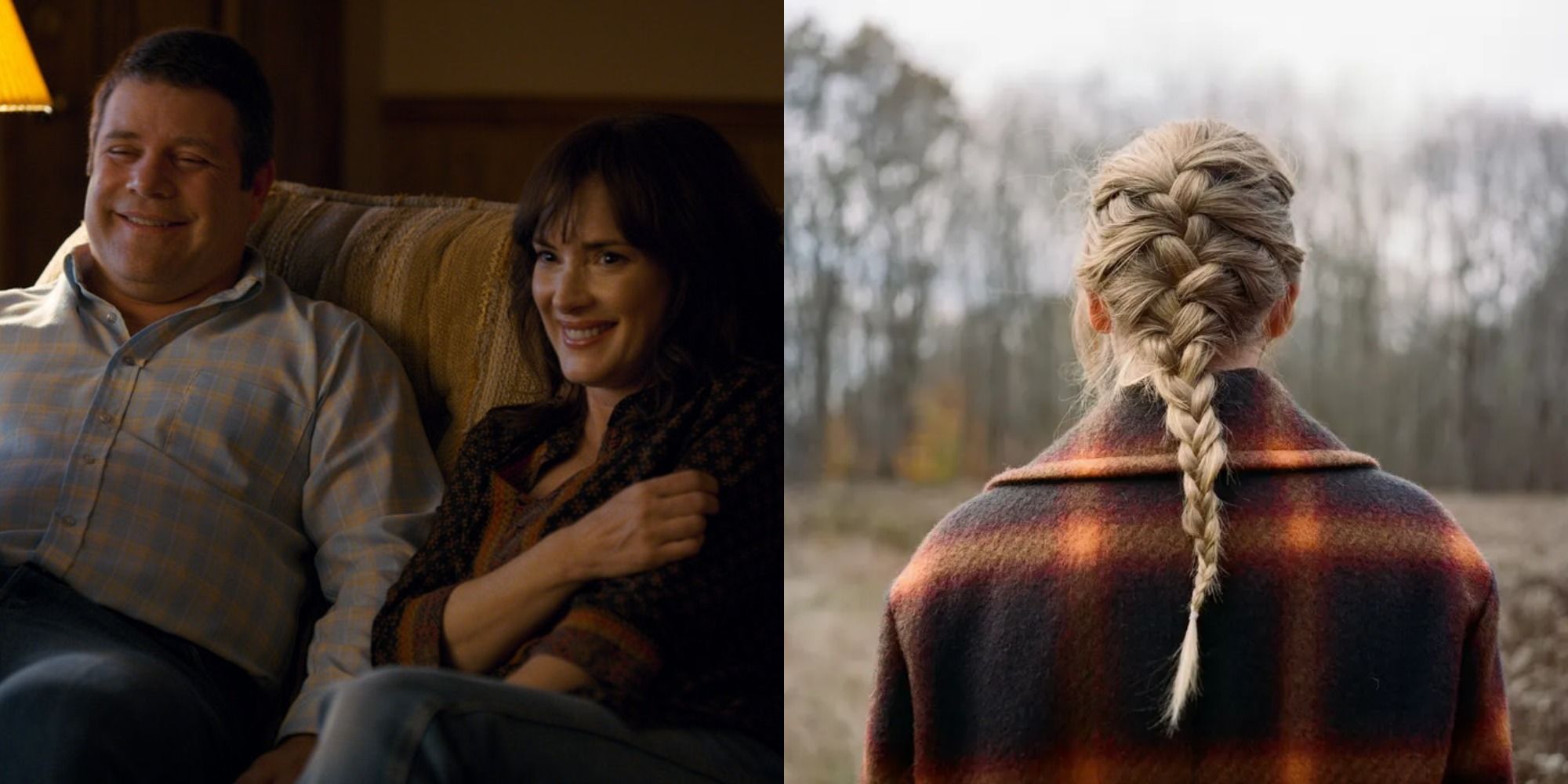 Split image showing Bob and Joyce in Stranger Things and the cover to the album Cardigan.
