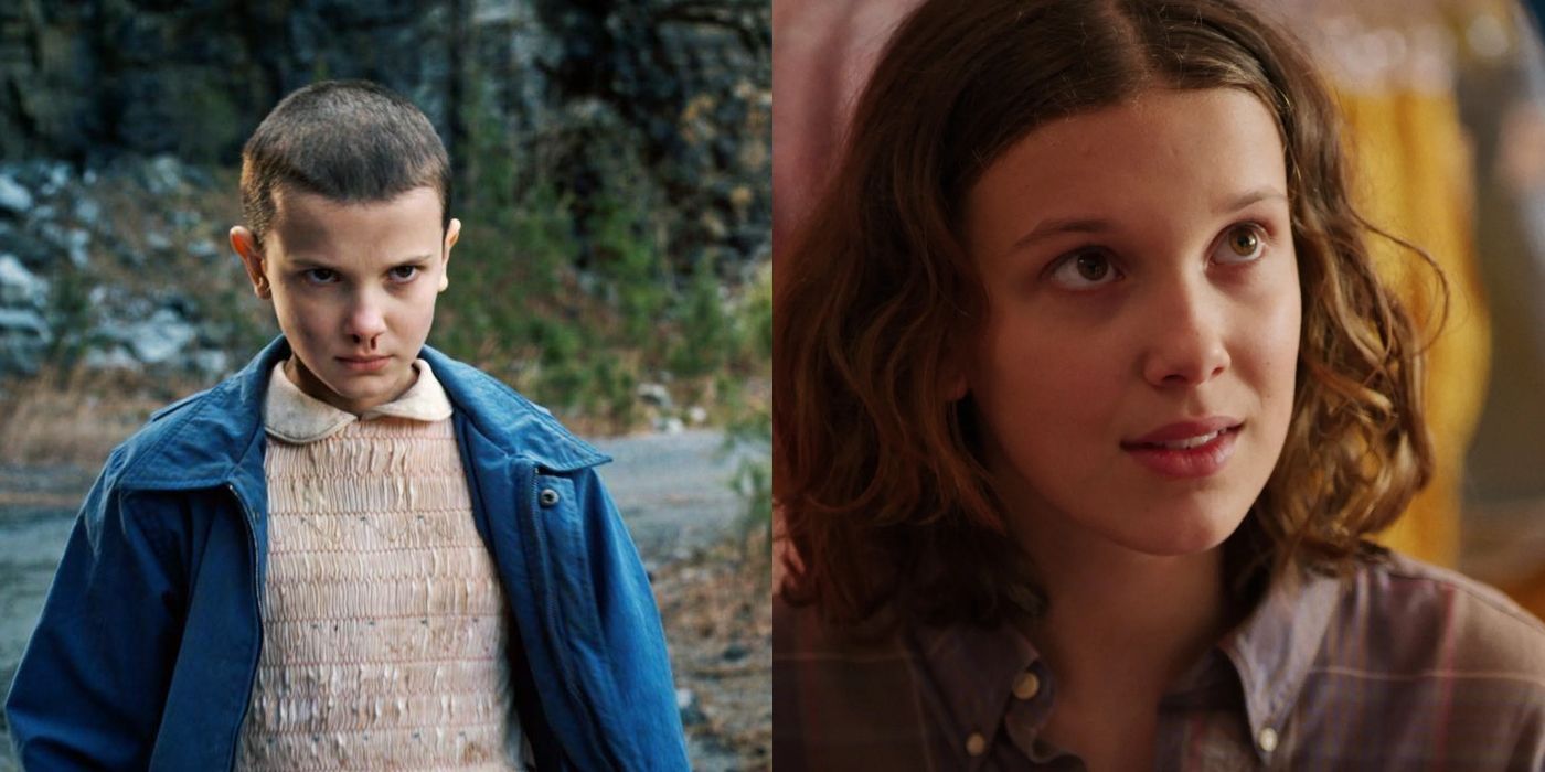 Split image of Eleven at different ages on Stranger Things