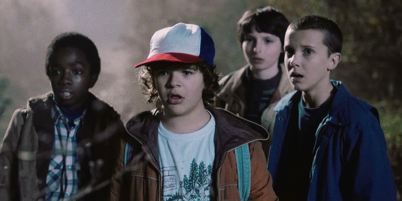 Lucas, Dustin, Mike, and Eleven looking surprised in Stranger Things