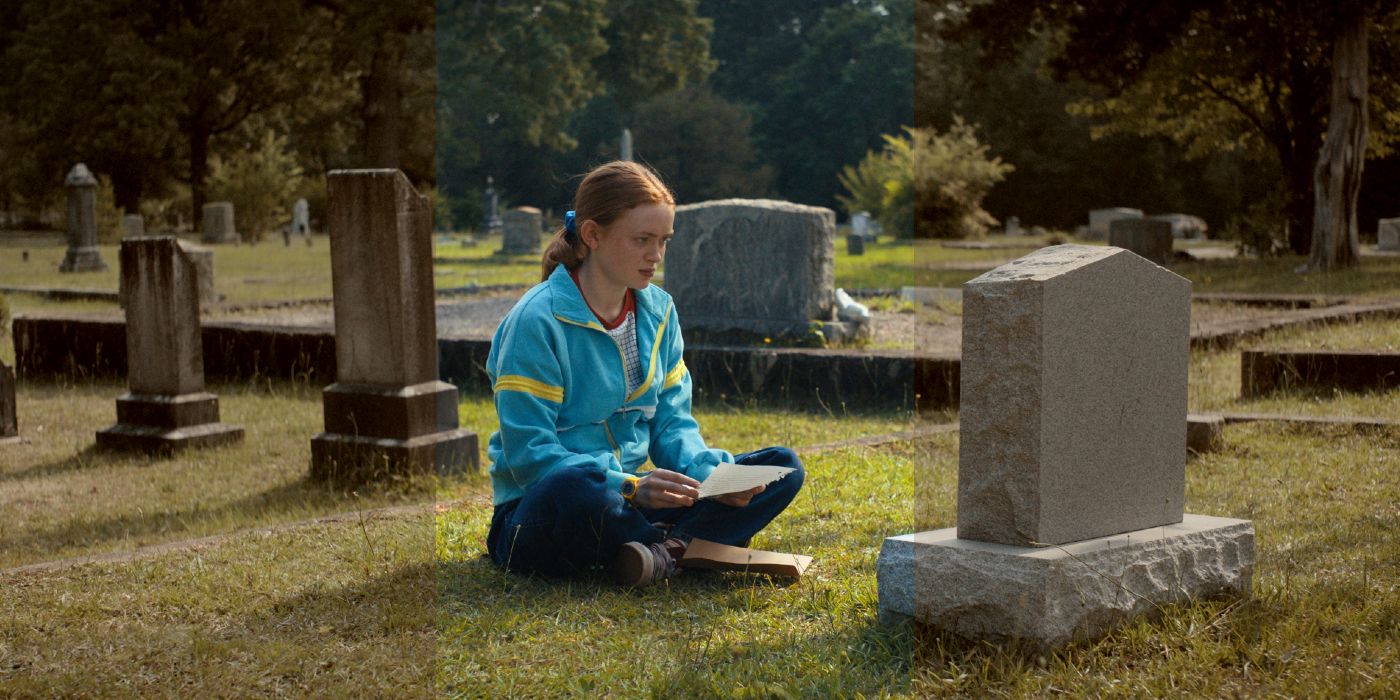 Max sentado em um cemitério em Stranger Things