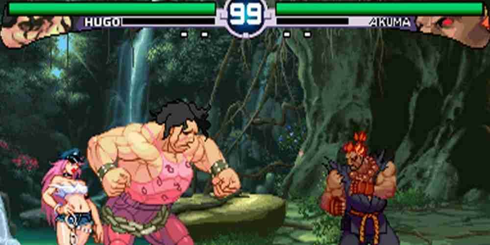 Hugo and Poison face off against Akuma in Street Fighter Double Impact.