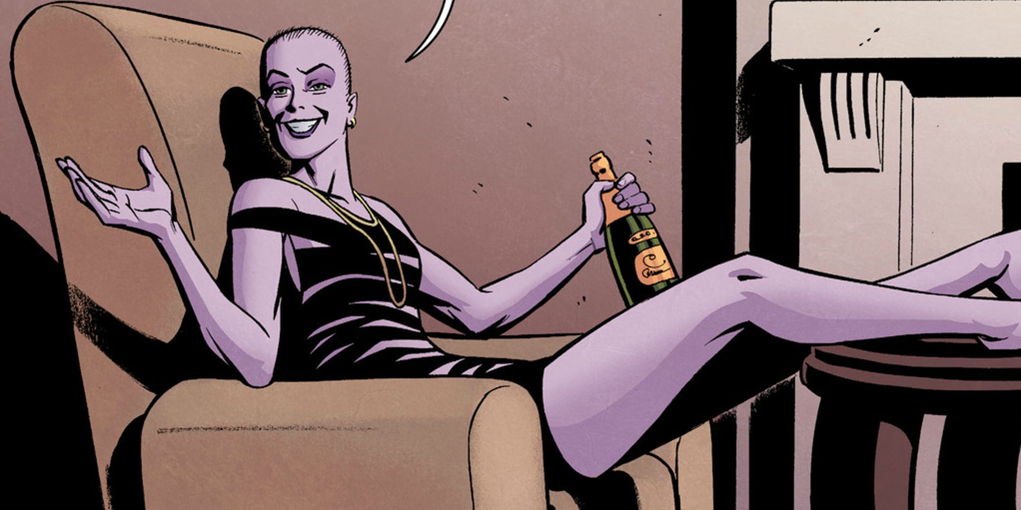 Strife casually sitting on a chair in Wonder Woman #25