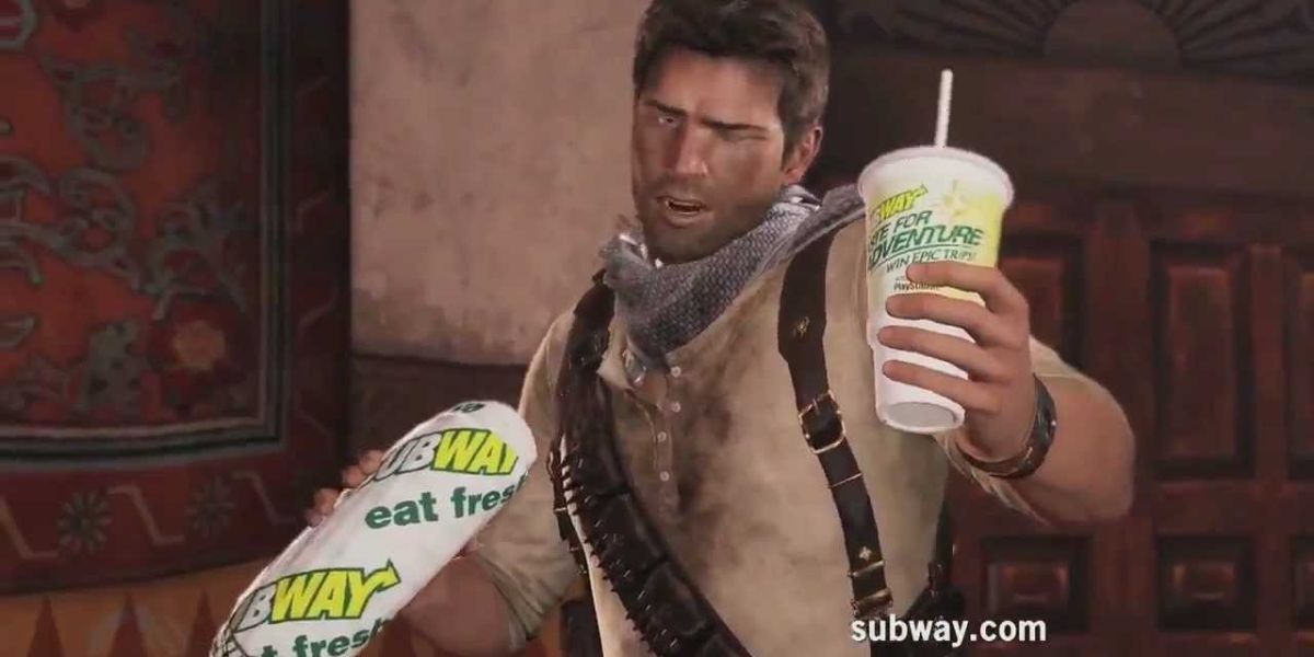 Nathan Drake holding subway products.