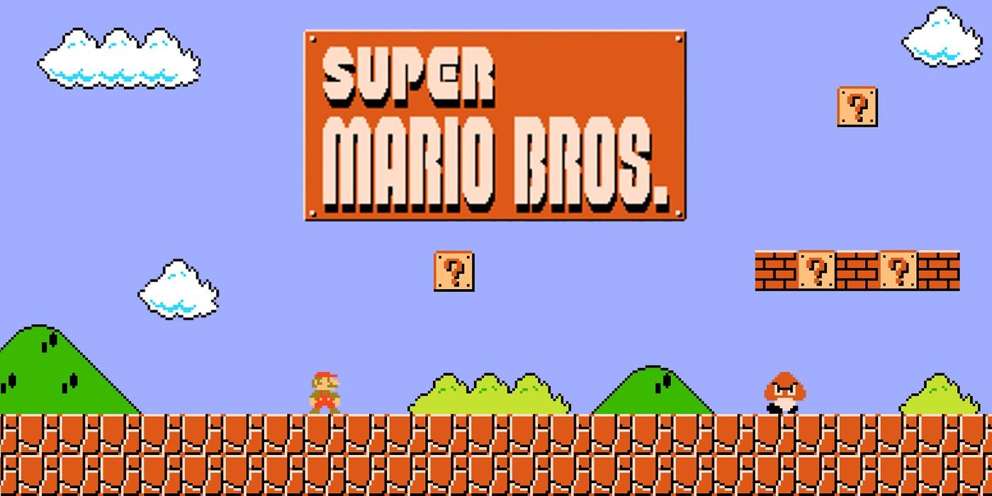 Game Super Mario Bros. masih dari NES dengan Mario di pesawat 2d menghadap Goomba dan memblokir untuk dilompati.