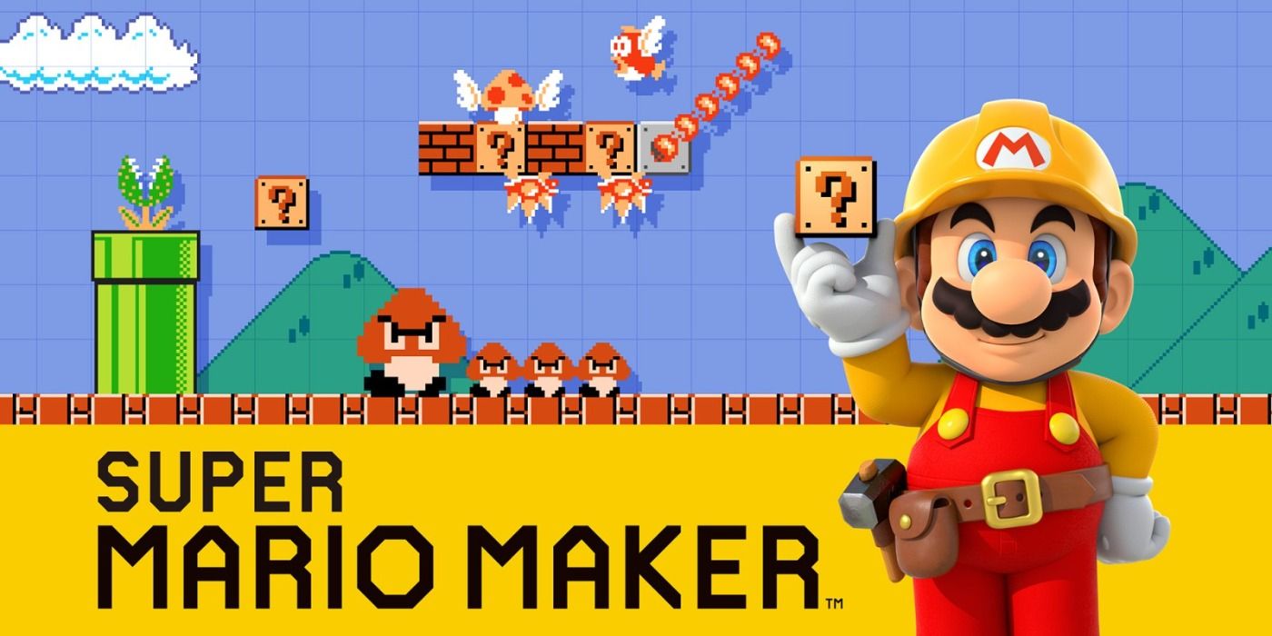 Mario wearing a construction outfit with an 8-bit level design in the background.
