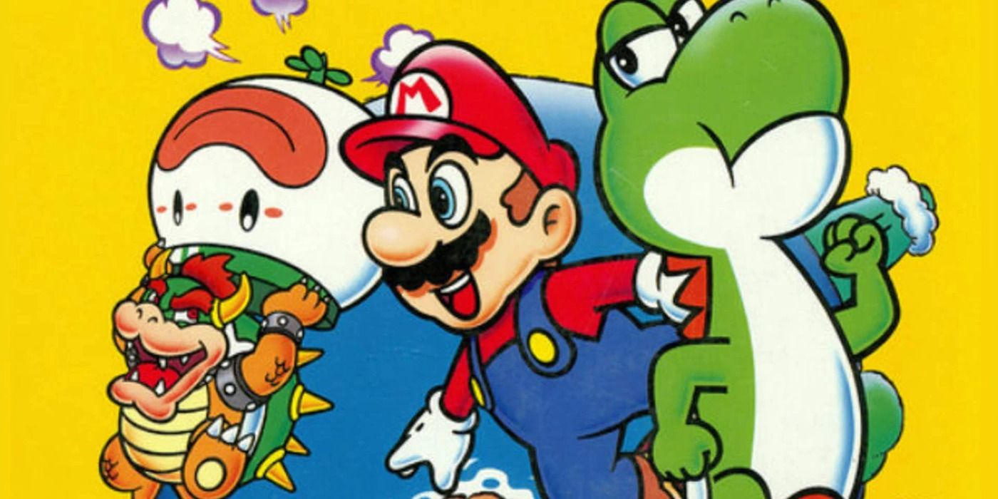 Mario dan Yoshi bersama dengan Bowser di latar belakang dalam key art Super Mario World.