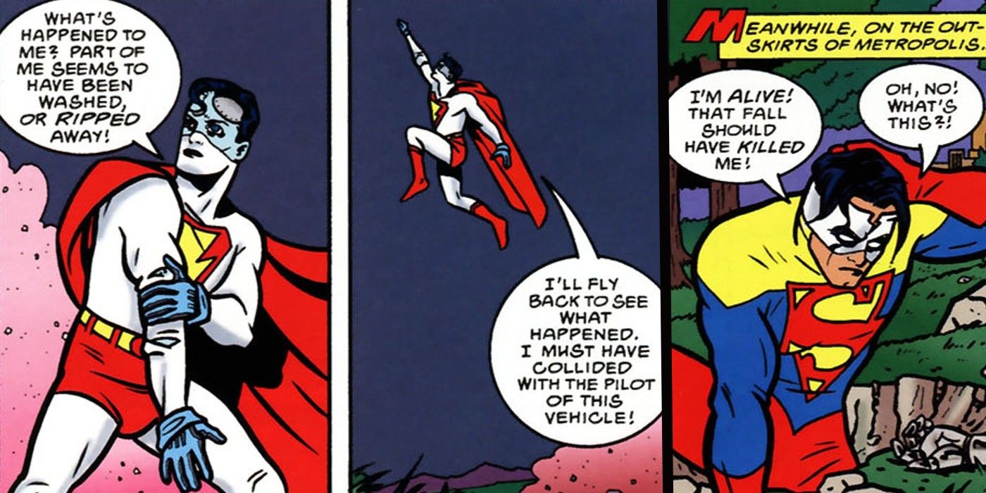 Superman in left panel in his mash-up costume, while Madman is on right in the DC Comics and Dark Horse Comics crossover.