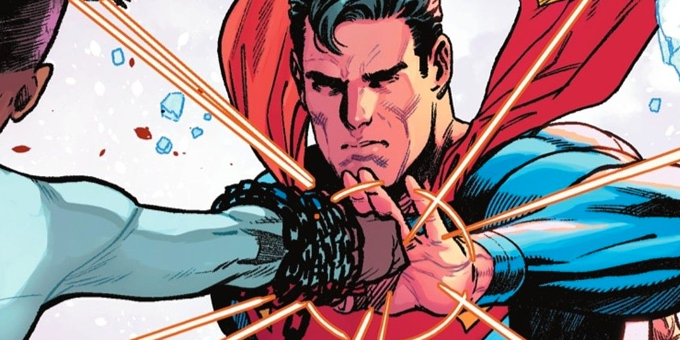 Superman blocking a punch against a white background.