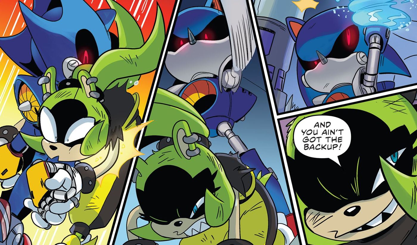 Surge tells Metal Sonic that he doesn&rsquo;t have the backup like she does with Kit in Sonic the Hedgehog: Imposter Syndrome #4.