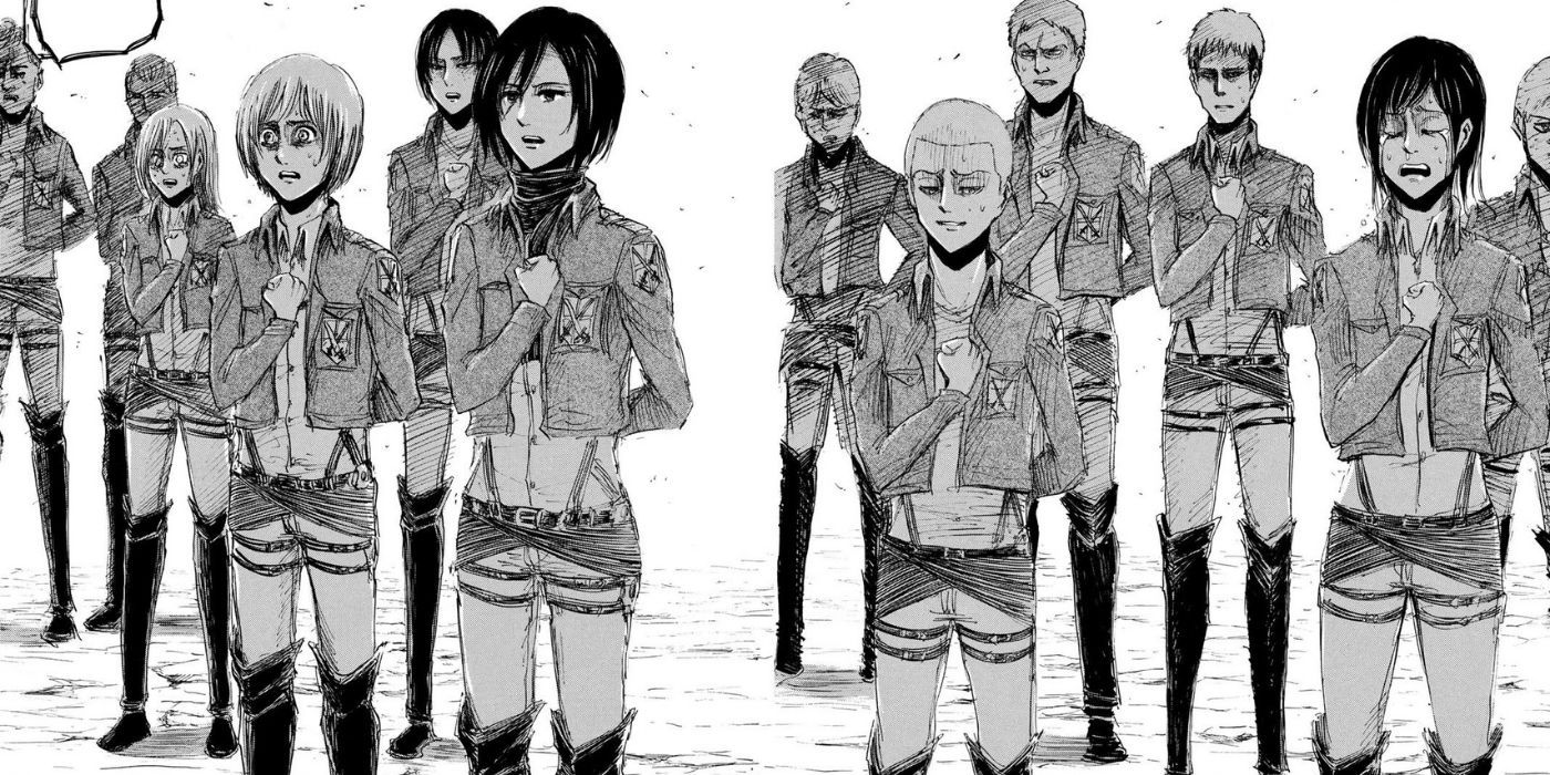 Survey Corps soldiers saluting in Attack on Titan manga