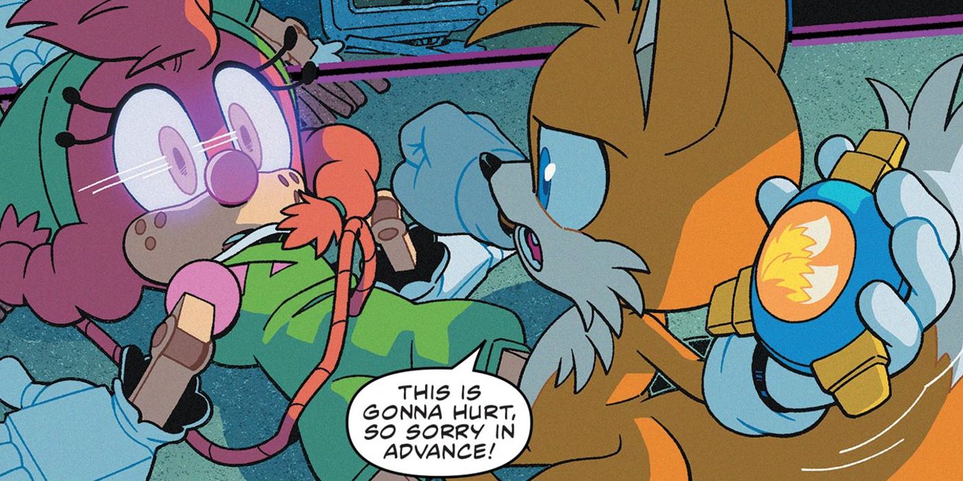 Tails forcibly installs his modified Zeti invention against the Deadly Six on Belle the Tinkerer in Sonic the Hedgehog 49.
