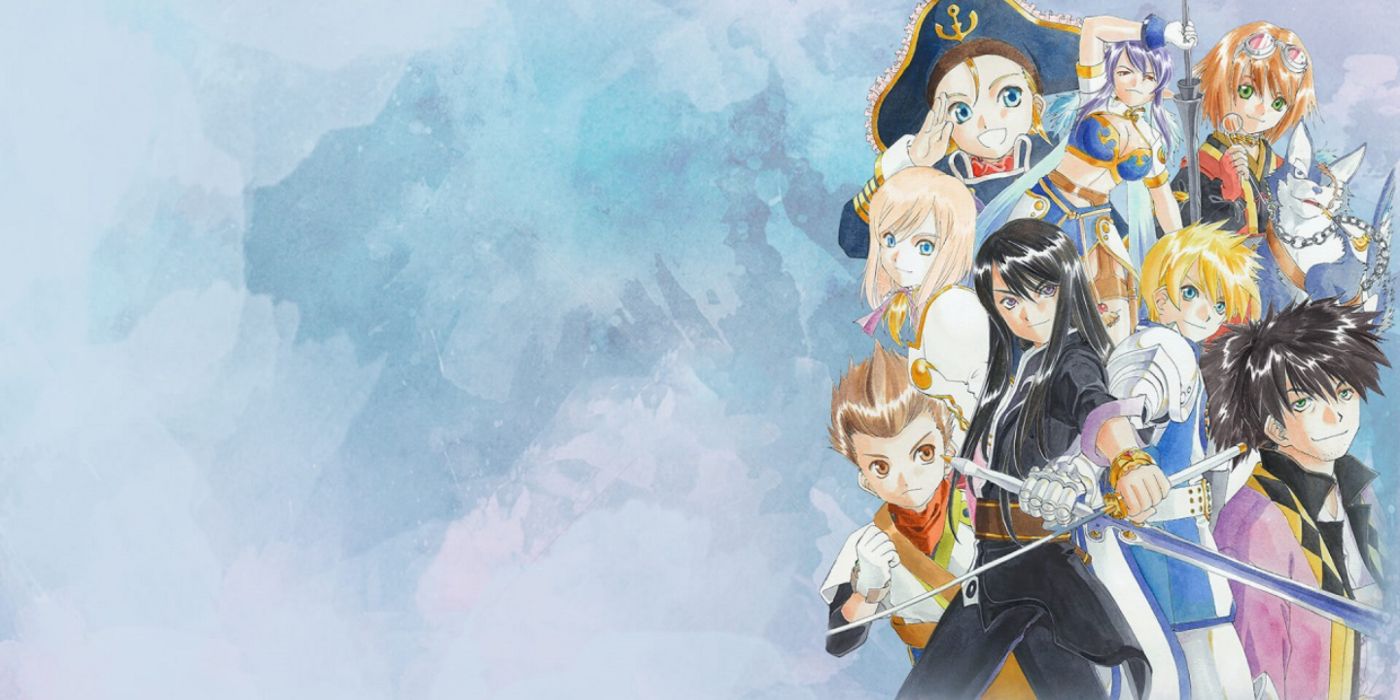 The main cast of Tales of Vesperia in a hand-drawn anime art style.