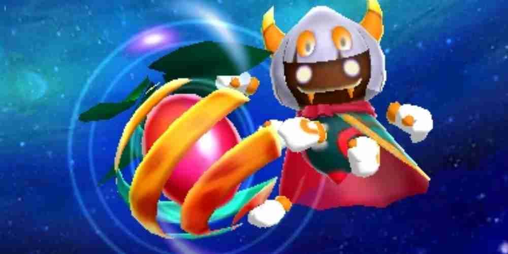 Taranza throws a hypernova fruit at the end of Kirby Triple Deluxe.