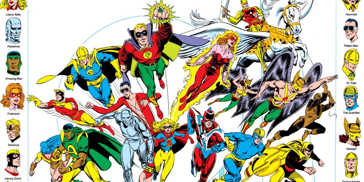 Many members of the All-Star Squadron leap into action from DC Comics