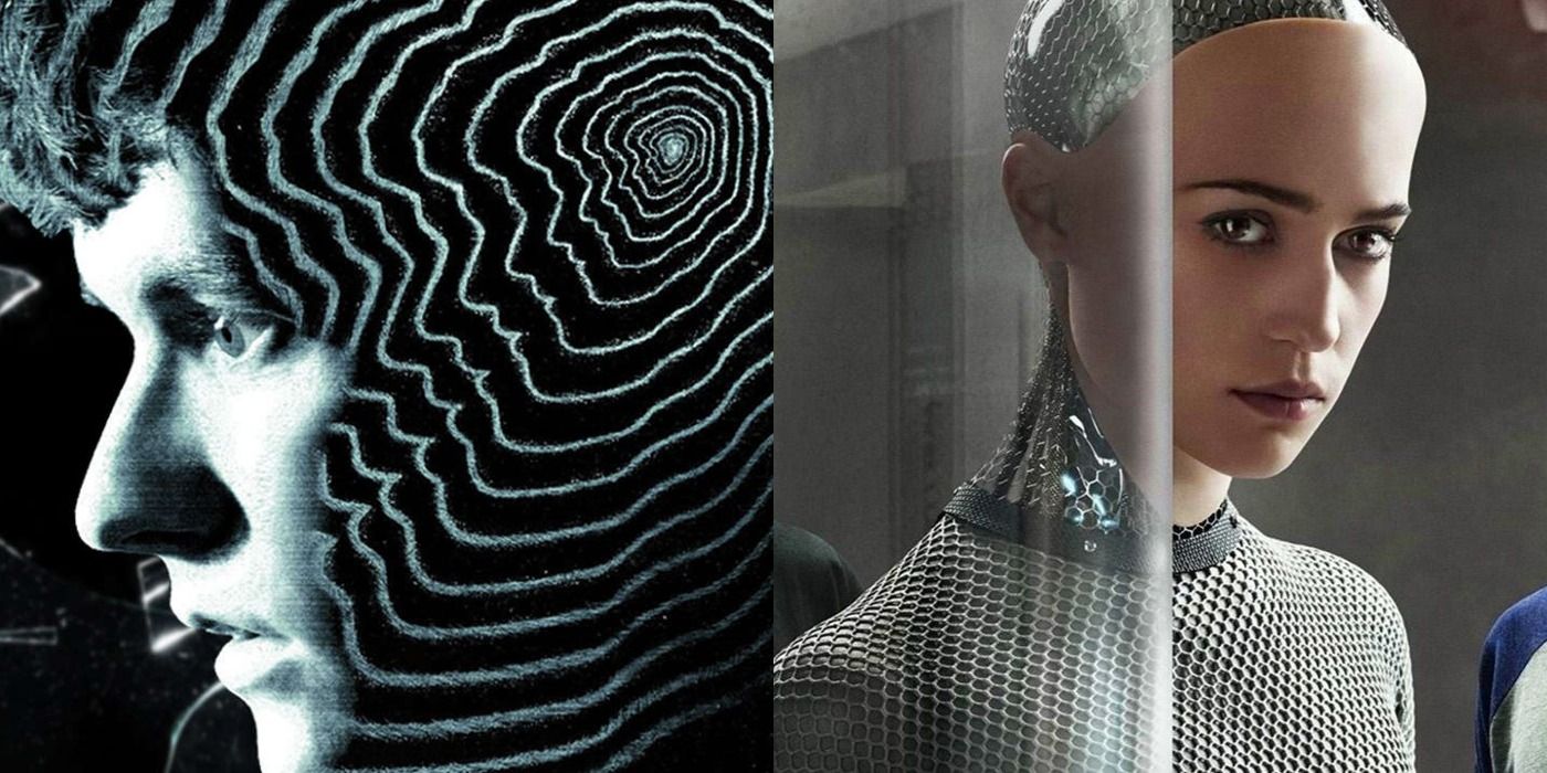 A split image of techno horror movie posters, including Ex Machina.