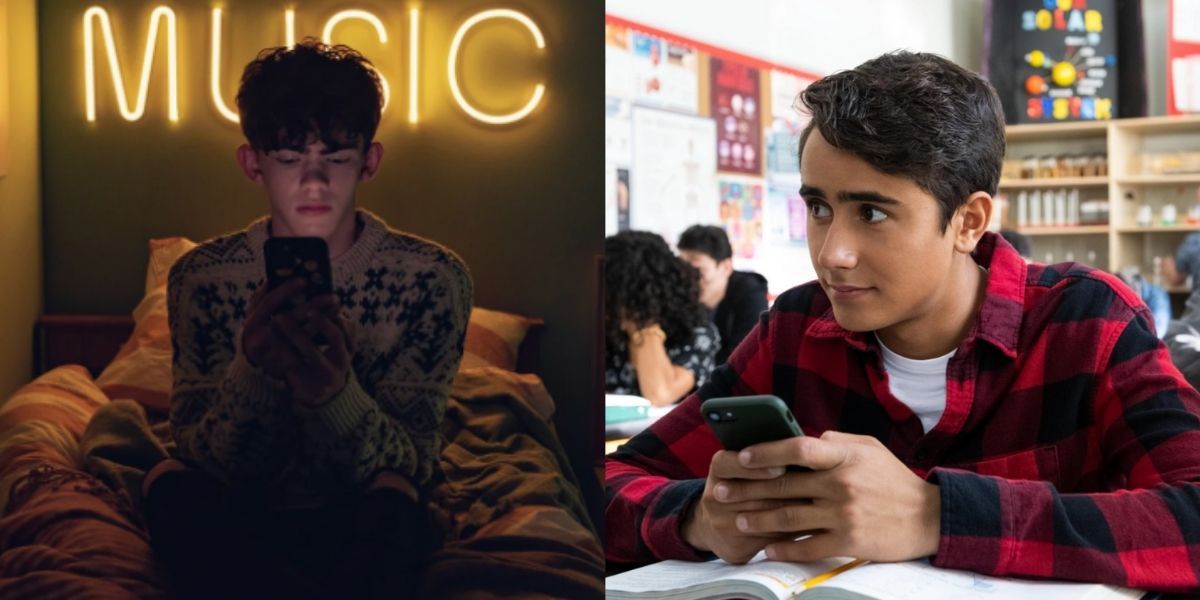 Split Image of Charlie texting in Heartstopper and Victor texting in Love, Victor