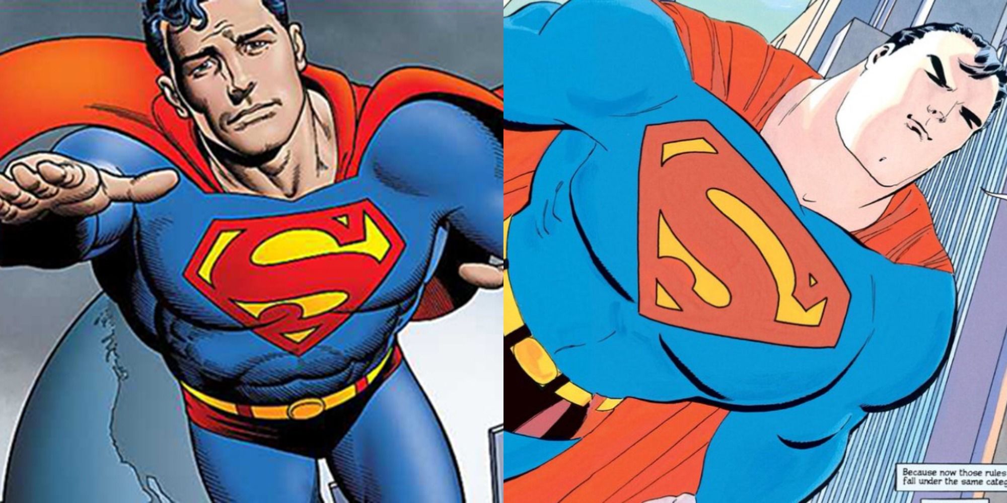 Split image of Superman flying in DC comics