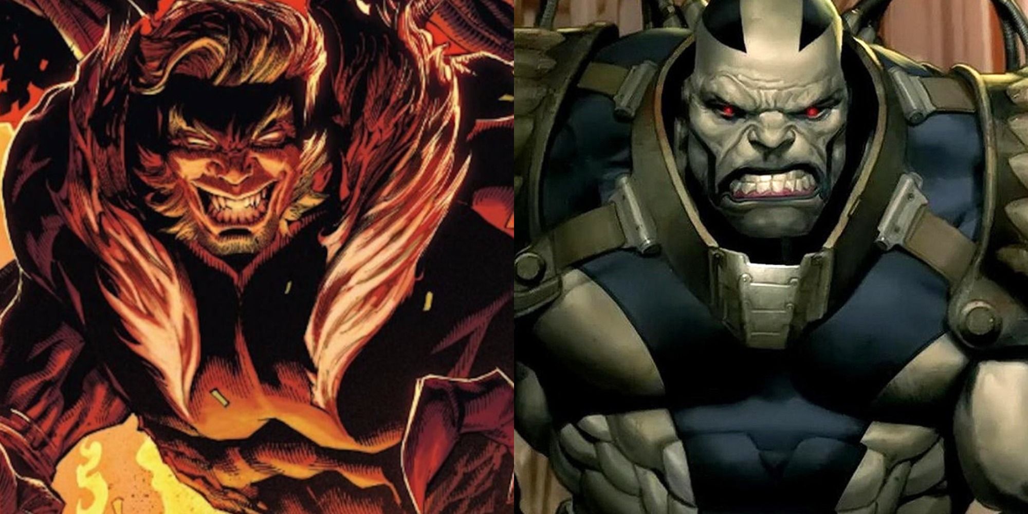Split image of Sabretooth and Apocalypse in X-Men comics